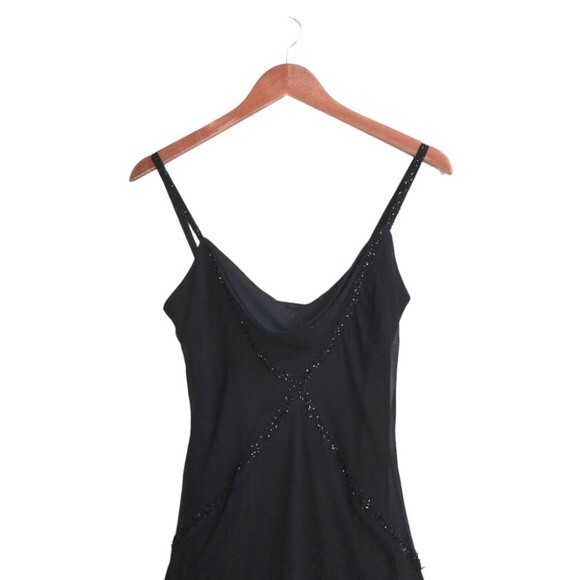 VTG 90's Y2K Black Beaded Silk Sleeveless Mesh Asymmetrical Cocktail Maxi Dress - Picture 4 of 7